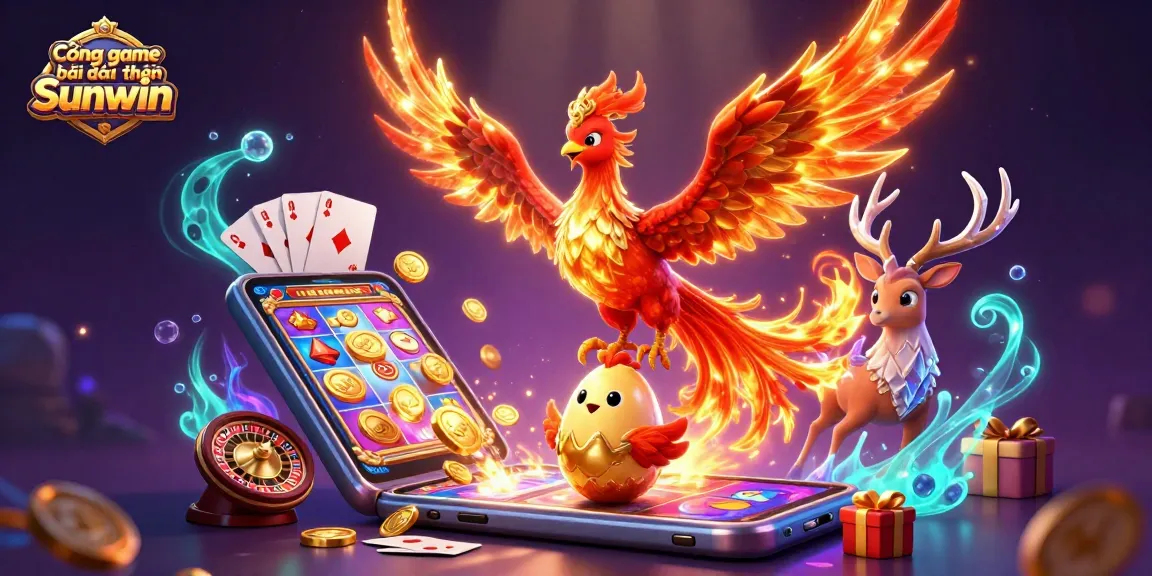 Cổng game bài đổi thưởng Sunwin shows a dynamic 3D illustration featuring a phoenix and game elements, elevating the excitement of gambling.