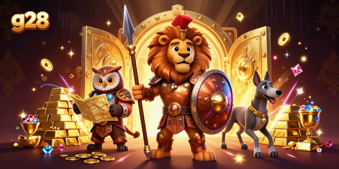 g28 showcases a dynamic casino adventure scene featuring a Spartan lion, flanked by a tactical owl strategist and swift greyhound messenger.