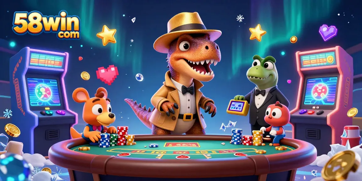 Enjoy vibrant gameplay at 58win com with a cartoon velociraptor and casino characters gaming.