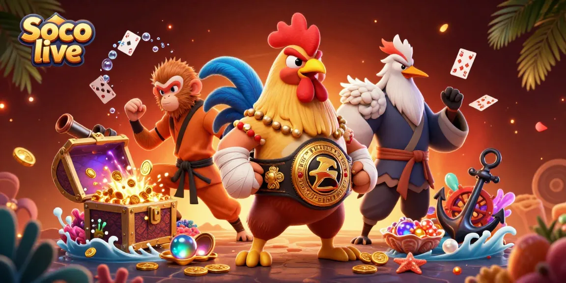 Experience thrilling Soco live gaming with vibrant characters amidst treasure and casino symbols.