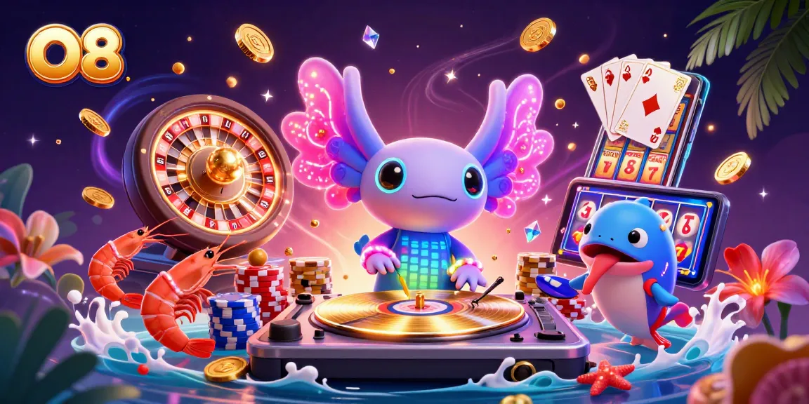Experience thrilling gaming at O8 with the vibrant axolotl DJ spinning slot machines and poker!