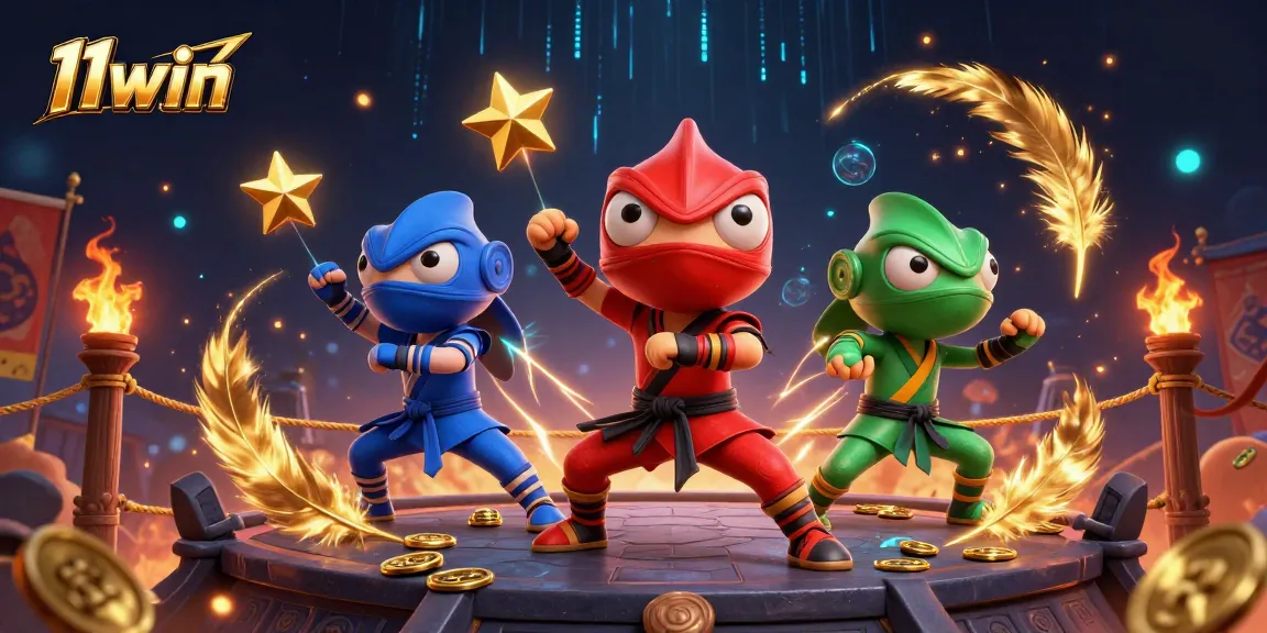 11win showcases a dynamic scene with ninja chameleons in a vibrant casino setting.