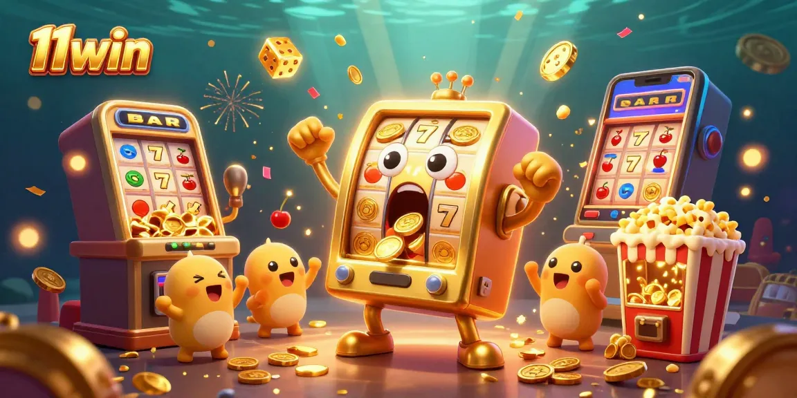 11win casino-themed illustration with a golden slot machine celebrating a jackpot amidst vibrant gaming elements.