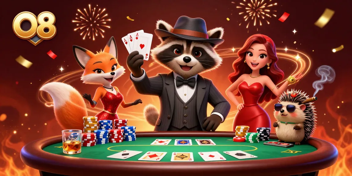 Engage at O8's poker table, where a suave raccoon and friends celebrate wins amid colorful chips.