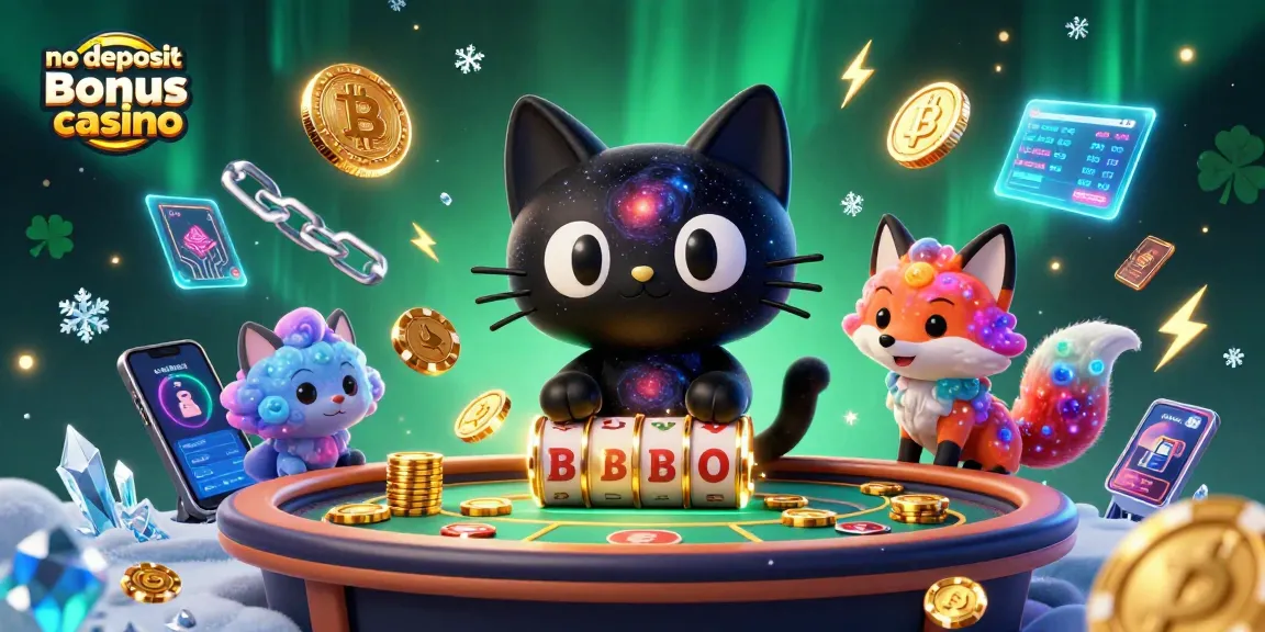 Engage with the no deposit bonus casino scene featuring a black hole cat and colorful fox, pulling in chips.