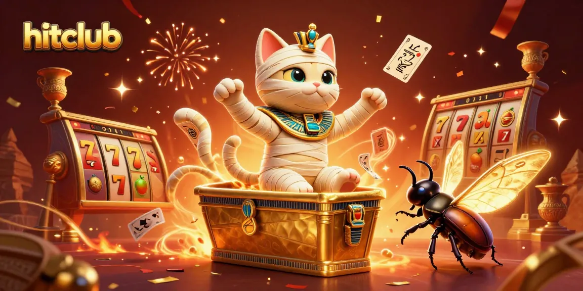 Join the excitement of hitclub with the mummy cat bursting from a golden sarcophagus in a vibrant casino scene.