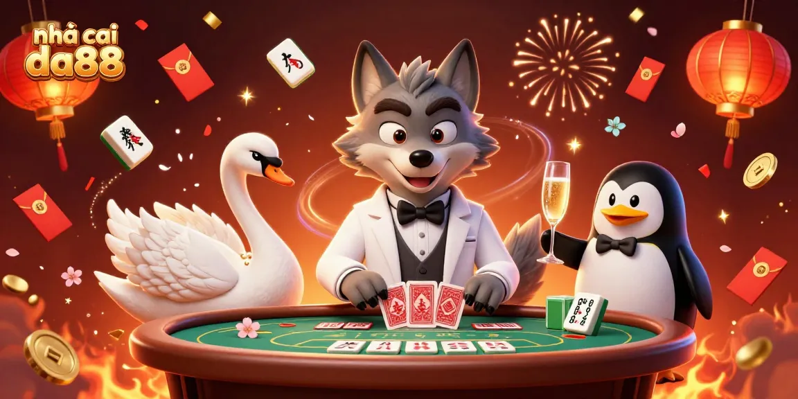 Engage with nhà cái da88 at a vibrant baccarat table with dynamic characters and celebratory elements.